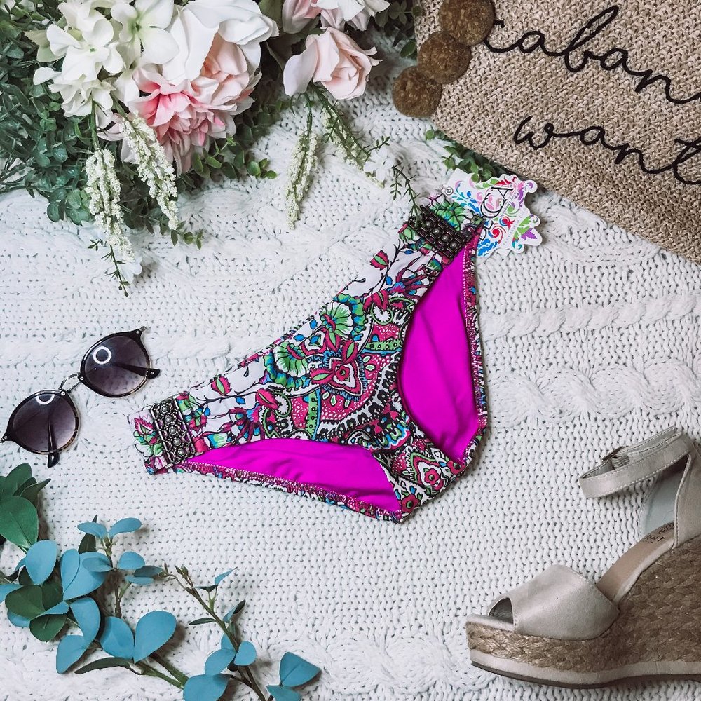 BECCA Hipster Pink/Green Bikini Bottoms XS NWT